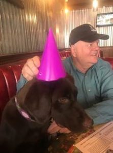Photo of Bella wearing a party hat, sitting with her human, Dr. Minner