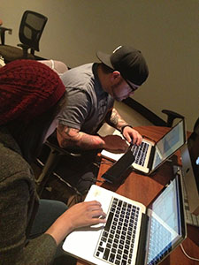 media arts students on computers