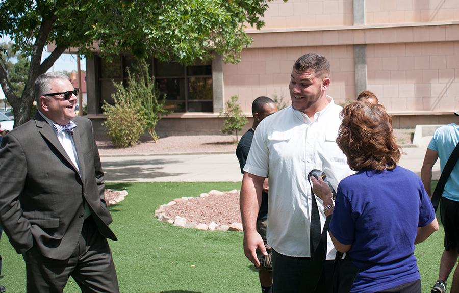 President Minner joking with student Anthony Gordon