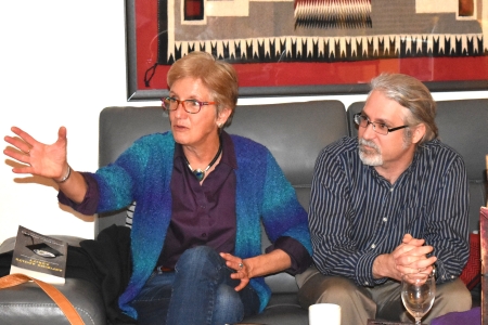 Highlands cultural anthropology professor Orit Tamir, left, makes a point at the new Big Ideas Reading Group Nov. 9 while English professor Brandon Kempner listens. Photo: Margaret McKinney/Highlands University.