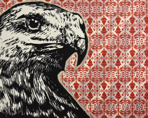 Marwin Begaye’s relief print titled Atseettsoii – Redtail Hawk is part of the Print, Printing, Printed art exhibit at Highlands through March 17.