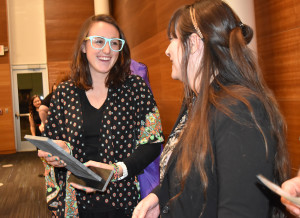 Margaret McKinney/Highlands University Biology senior Molly Enenbach, left, talks with her research adviser, biology professor Sarah Corey-Rivas, after Enenbach was named Student of the Year April 6. 