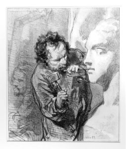 Lithograph in black and white of a man sculpting a woman's face.