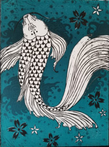 “Koi” woodblock print By Estrella Encinias