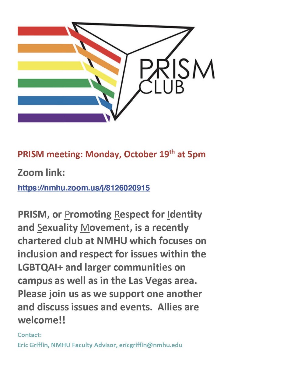Flyer for PRISM meeting Oct. 19, 2020