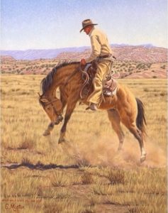 Painting of cowboy on a horse who has all four hooves off the ground