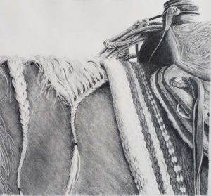 Close up pencil drawing of braided horses main and saddle