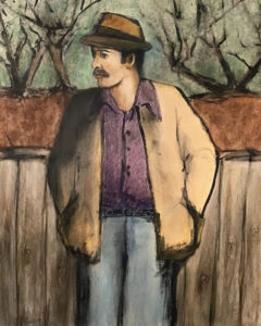In the paining "Ernesto," by Nacho Jaramillo, a man in a brown coat and hat looks to the side. He stands in front of a fence and two bare trees can be seen behind him. 
