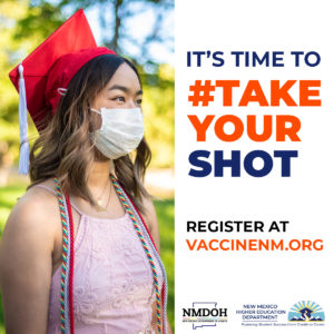 Photo flyer of masked female student with the caption "It's time to take your shot" 