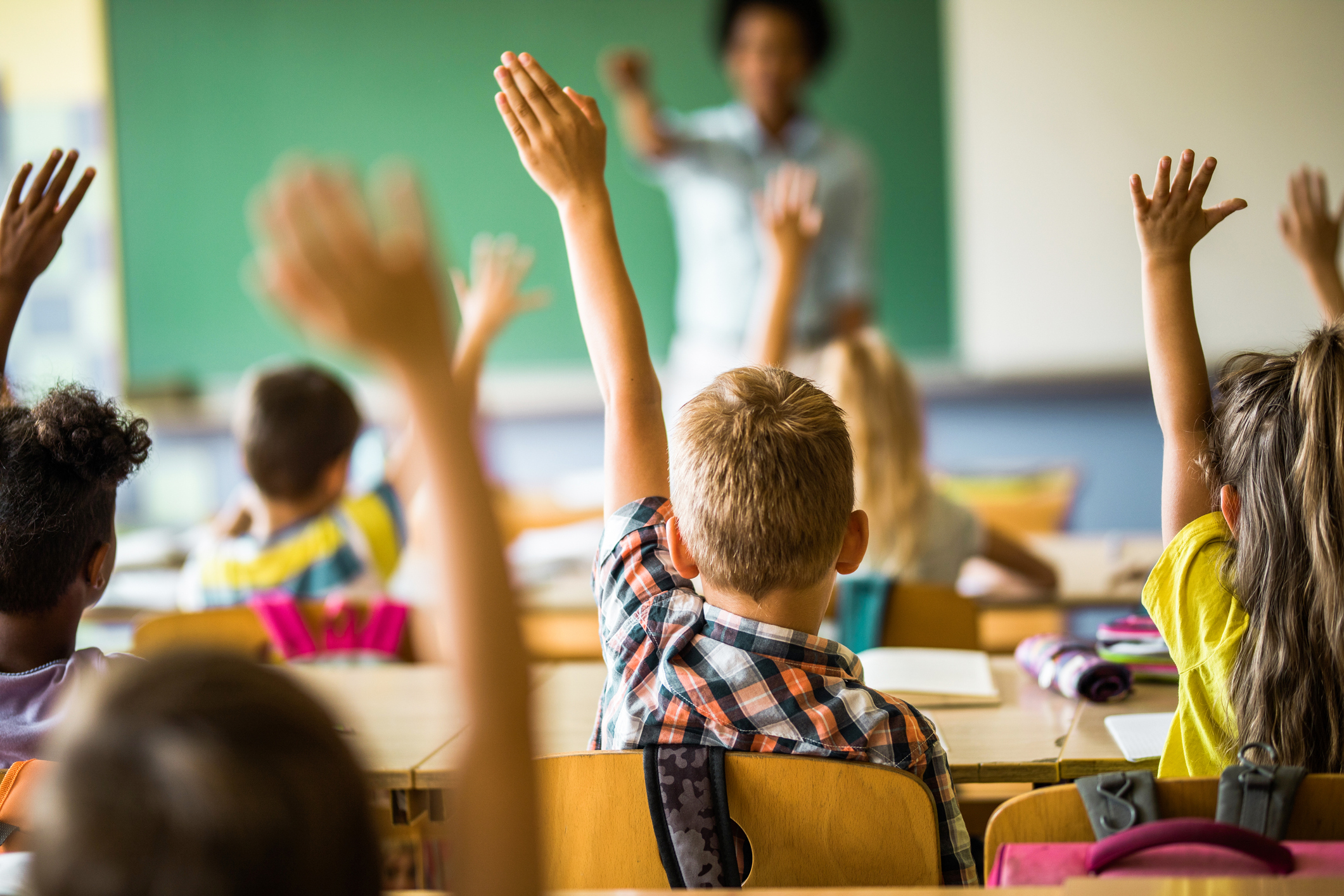 Rear view of large group of students raising their hands to answer the question on a class at elementary school.