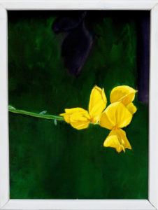 Oil painting of a bright yellow flower against a dark green background