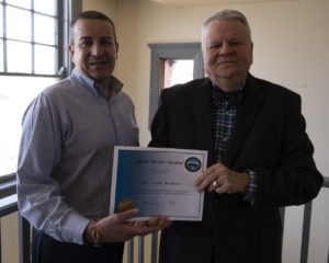 Las Vegas Mayor Louie Trujillo poses with NMHU President Sam Minner with Buen Vecino award