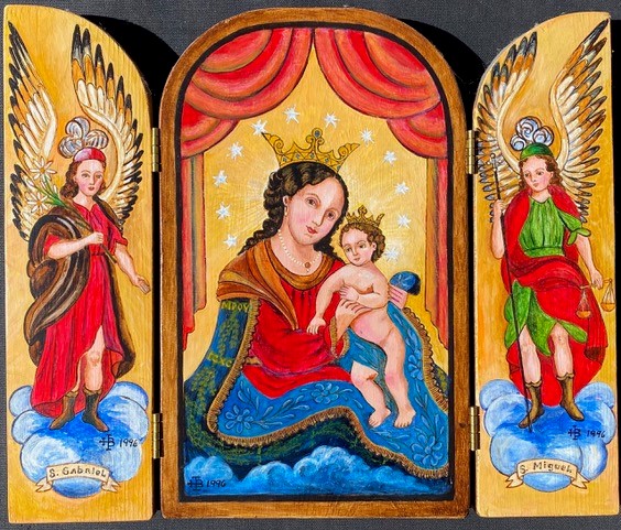 Contemporary three-panel retablo. "Our Lady of Refuge and Archangels," Irene Brandtner de Martinez.