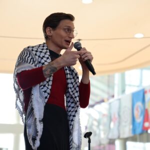 Dr. Jess Goldberg speaking at a Martin Luther King, Jr. event.