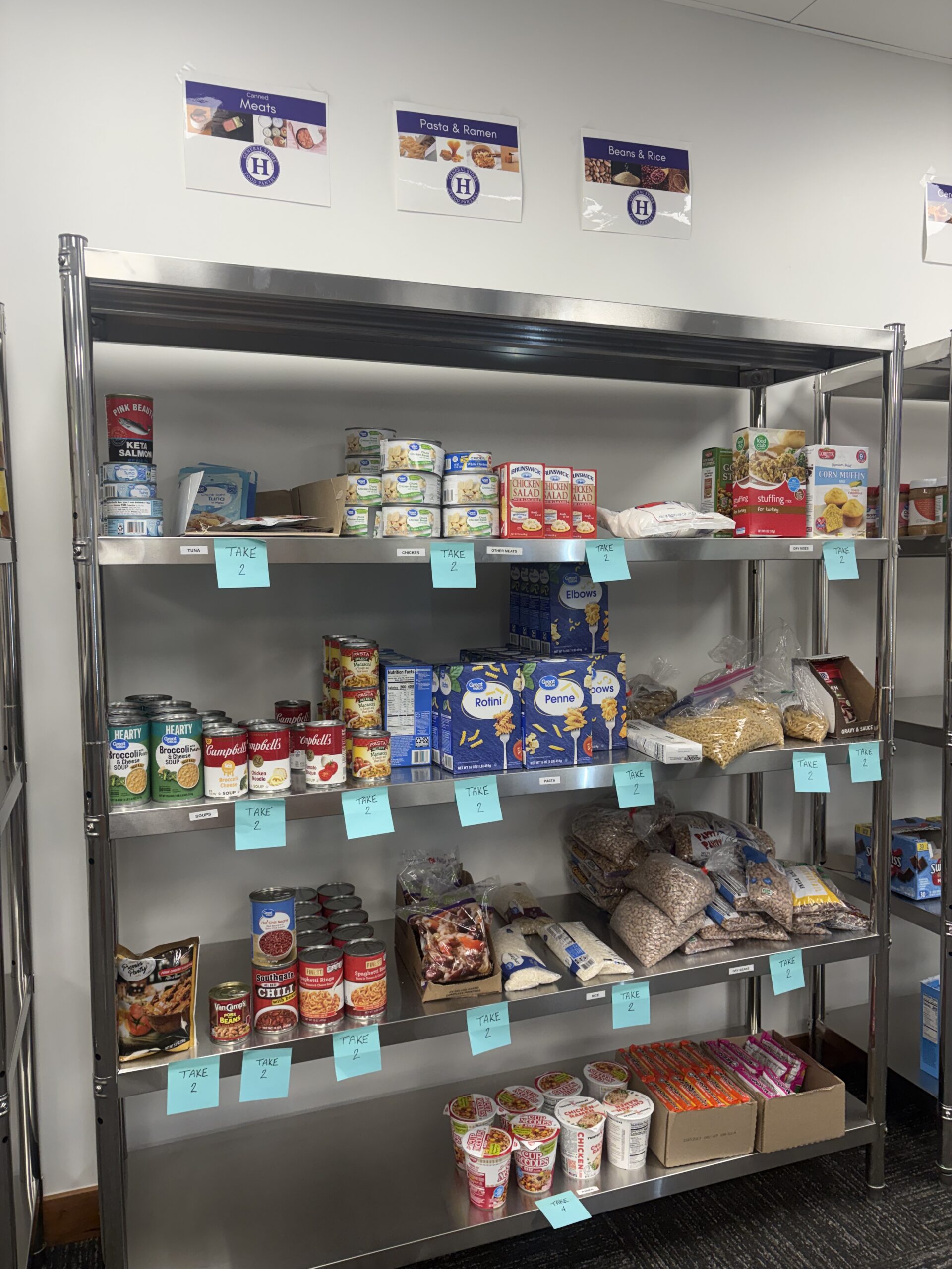 Food and supplies on shelves.