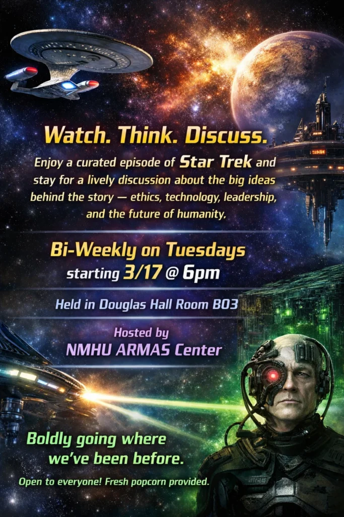 Flyer with information about the upcoming PoliSci-Fi and Discuss event on April 14.