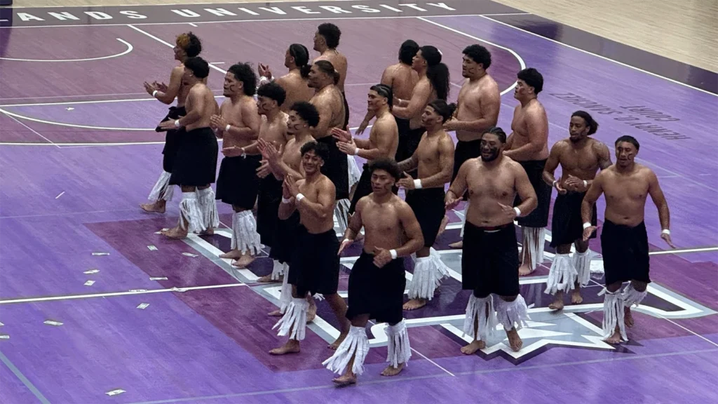 Fiafia performance by our Hawaiian, American Samoan, and Tongan students performing a Fiafia tribal dance on the arena floor in the Wilson Center.