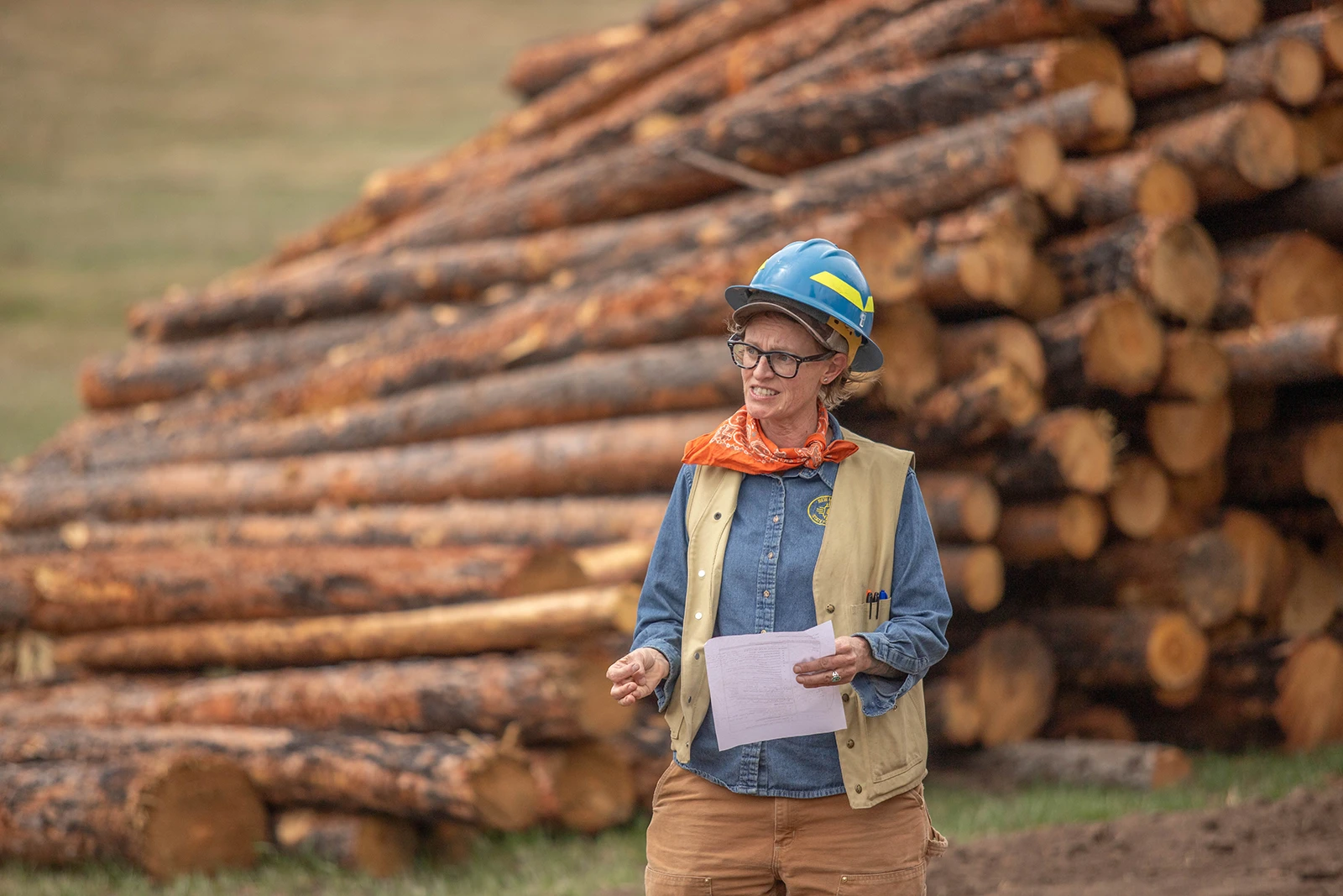 Woman in construction gear and hard hat in front of a stacked pile of logs
