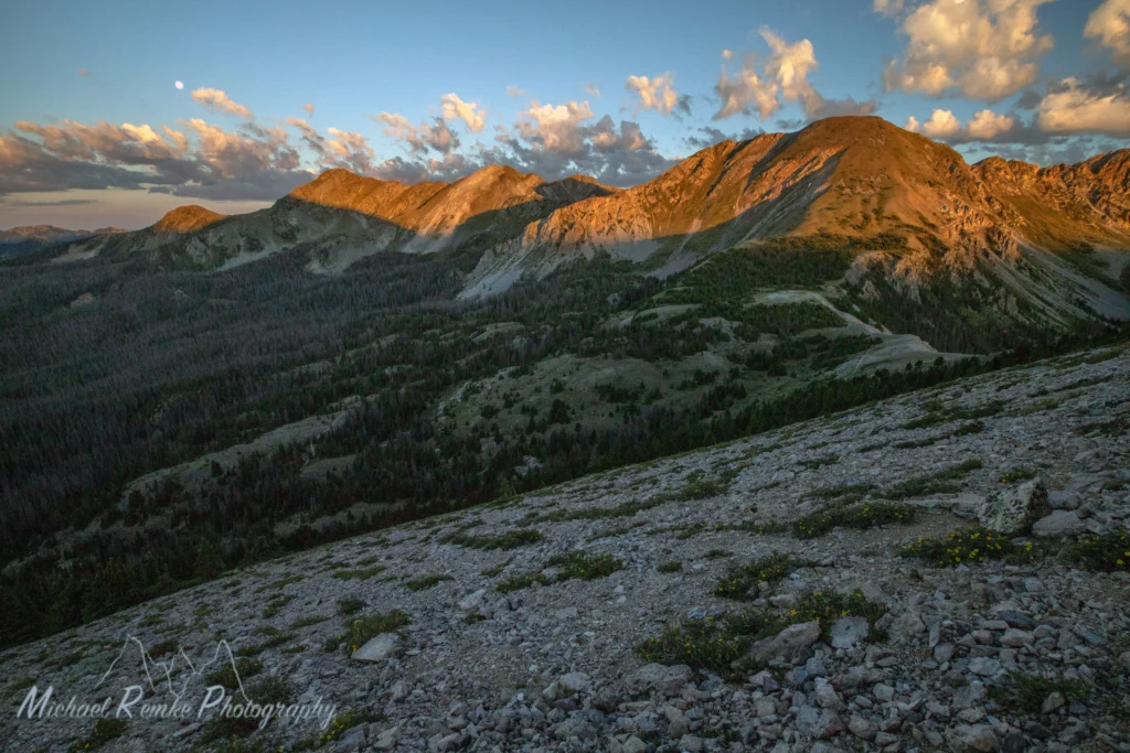 Sunrise over the Truchas Peaks as the research team heads out to sample alpine plant communities.